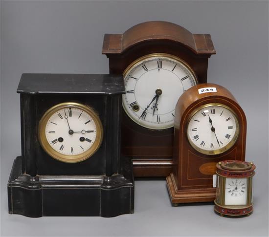 Three mantel clocks and a carriage clock